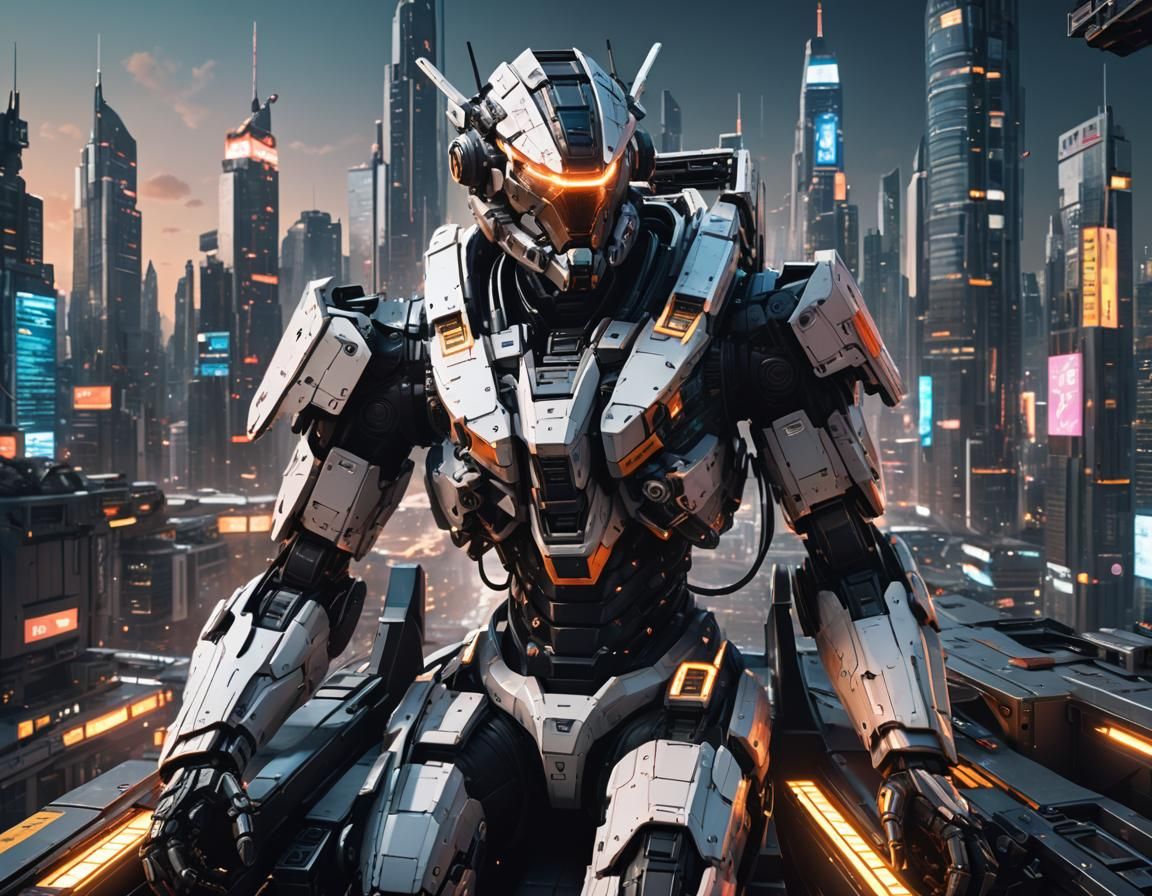 Pixelated Mech Pilot in Futuristic Cityscape