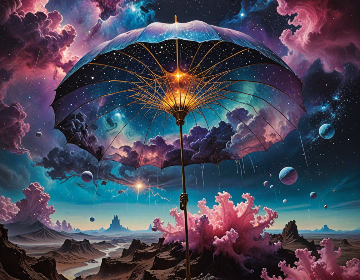 Cosmic Umbrella Floats Through Vibrant Nebula