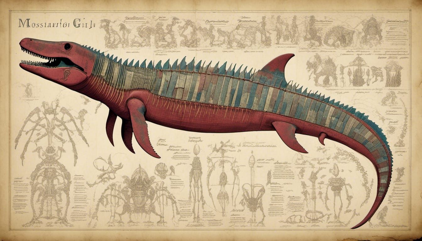 Ancient Diagram of Colossal Mosasaur Skeleton