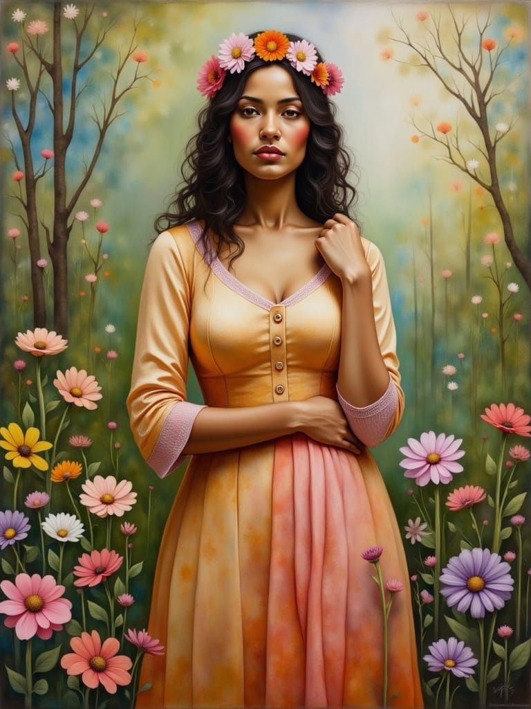 Elegant Lady in a Flourishing Garden Oil Painting