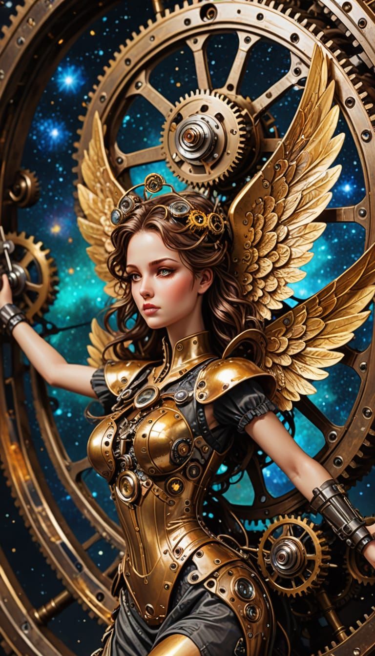 Steampunk Angel Descending from Galaxy