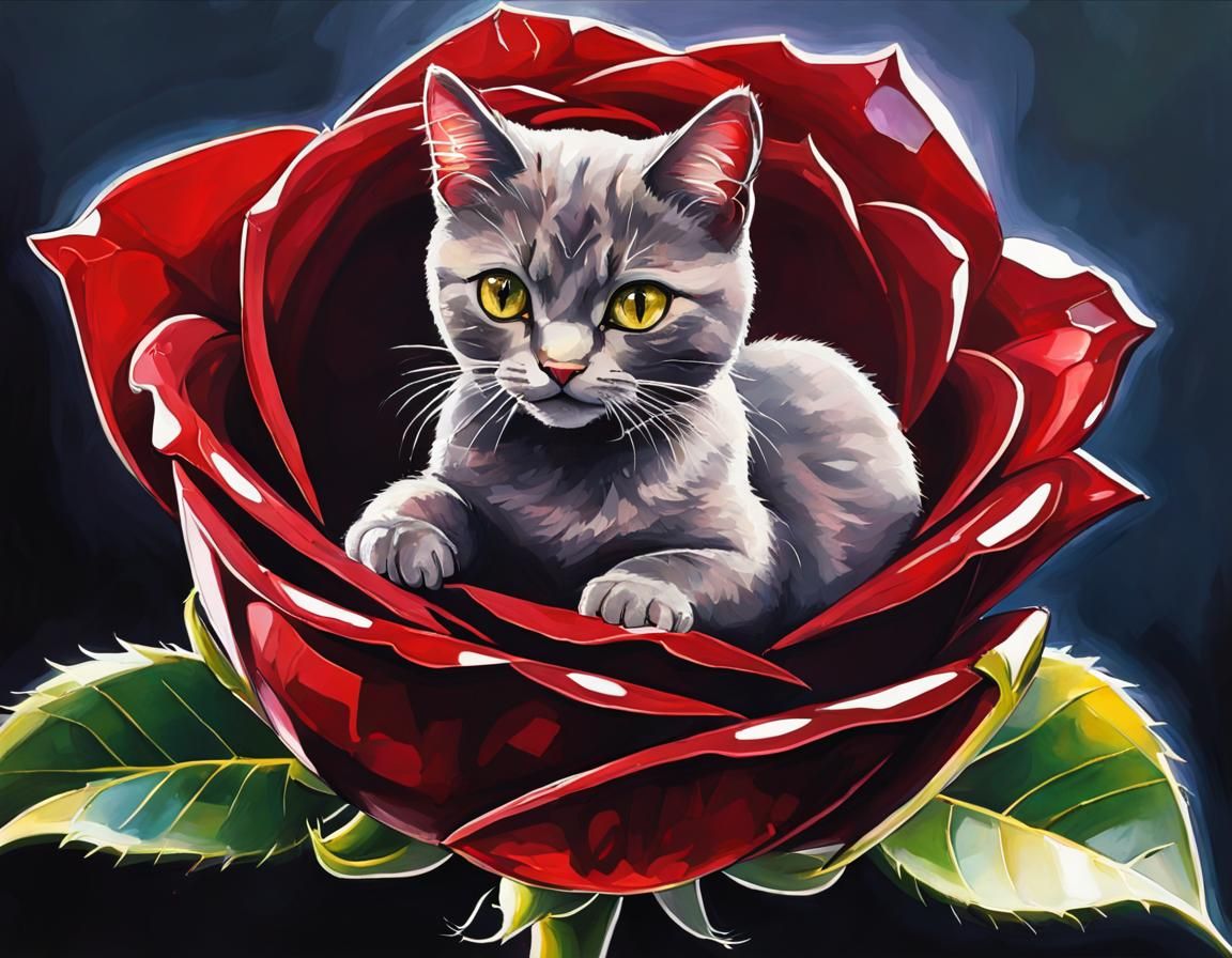 Cat and Stolen Ruby Rose: Victorian Steampunk Art