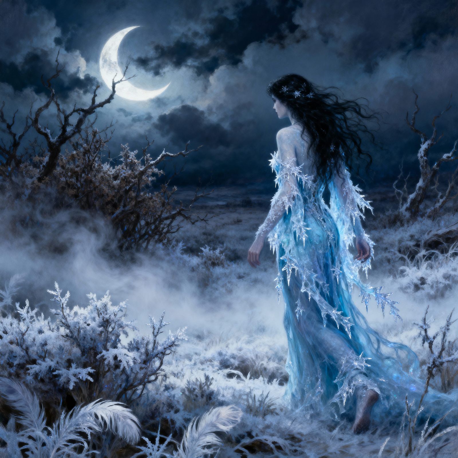 Frost Phantom Woman on Dead Moors Under Moonlit Sky