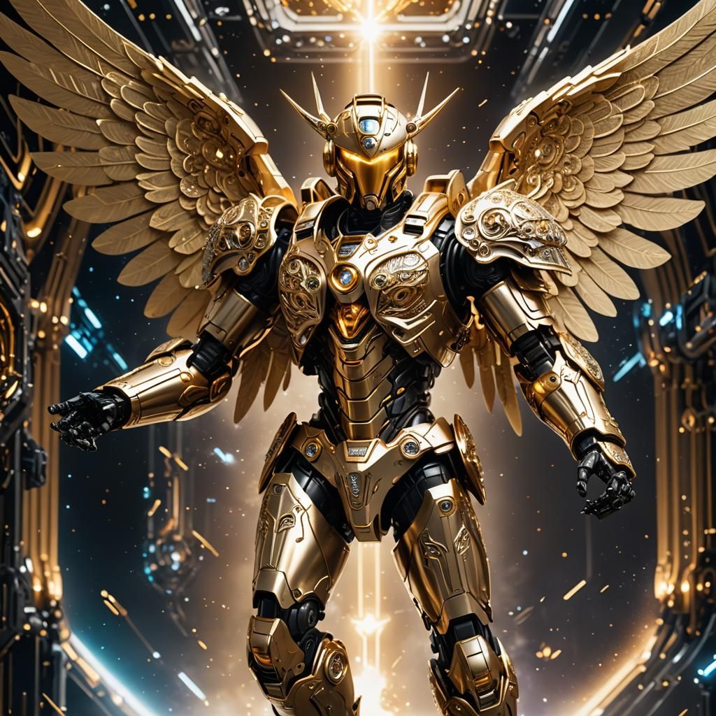 Winged Robot Paladin in Space, Gold Filigree