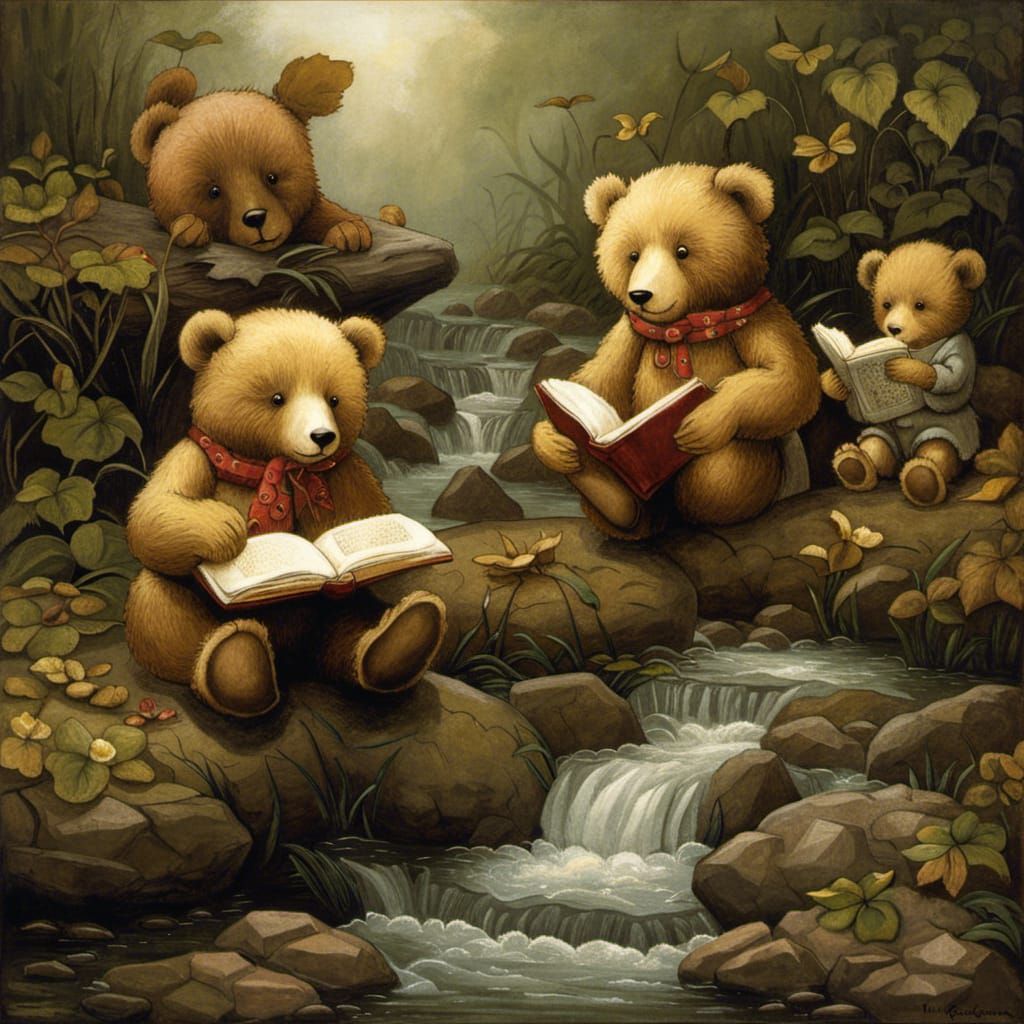 Teddy Bears Reading Book in Fantasy Art Style