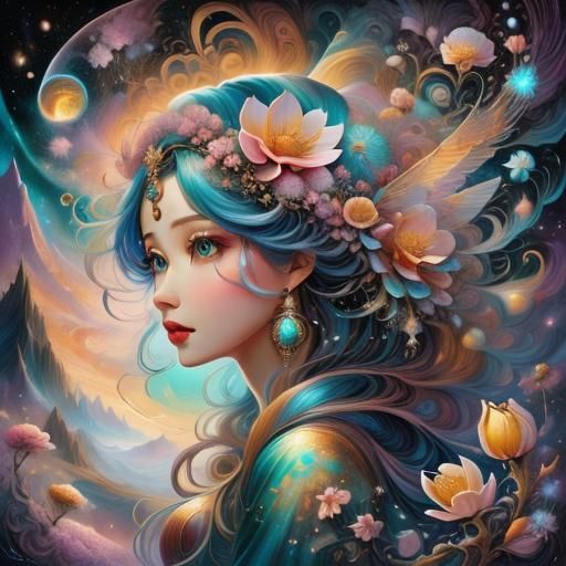 Double Exposure Blossom Bird Tree with Galaxy