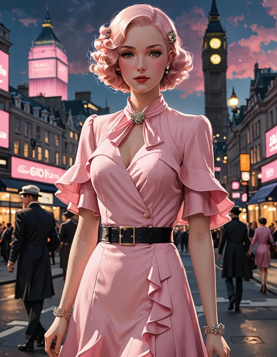 Pink 1930s Suit in Anime Style, London Backdrop