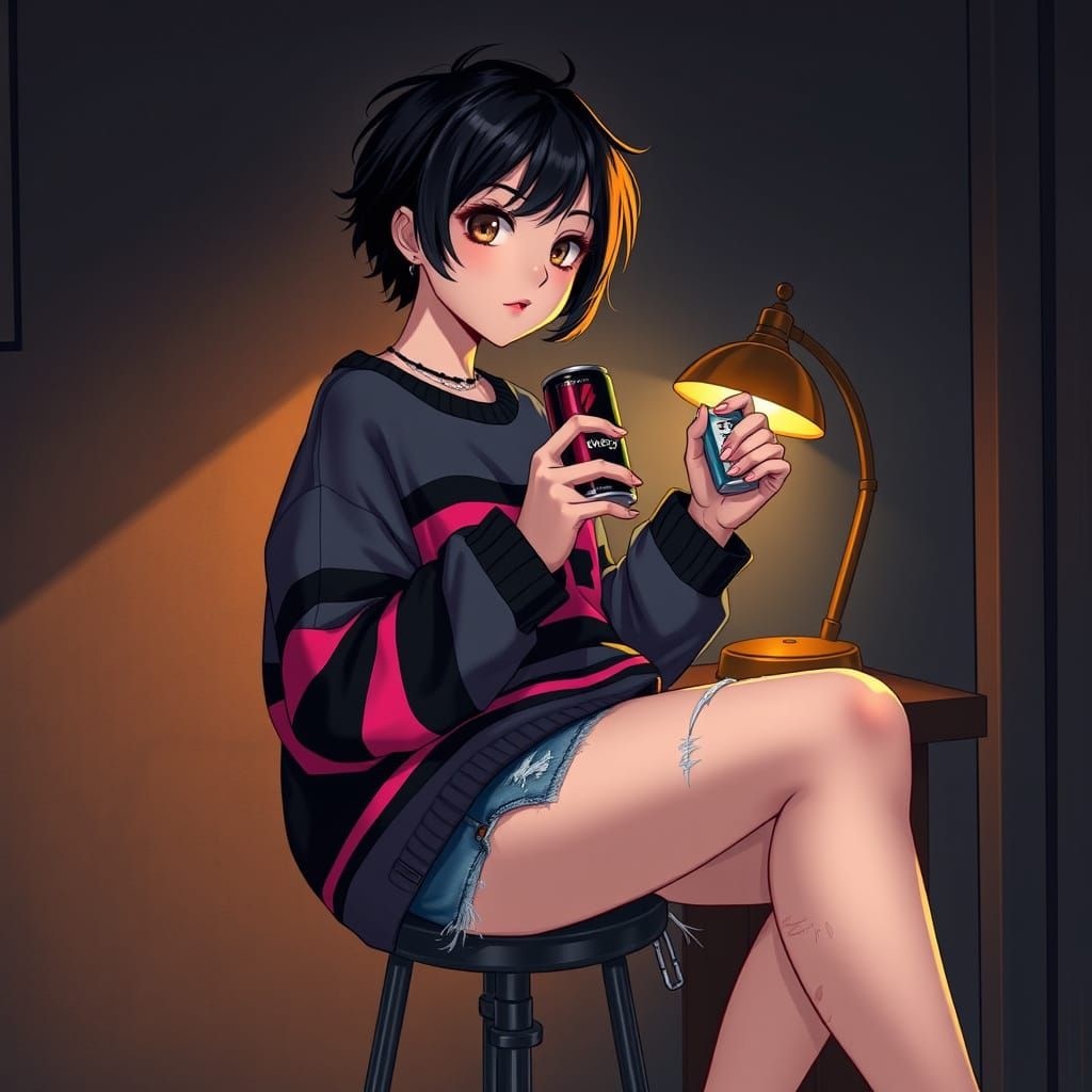 Moody Emo Girl with Distressed Shorts and Sweater in Industr...