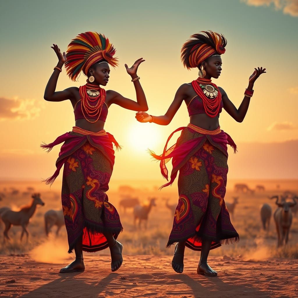 African Dancers in a Golden Savanna Sunset