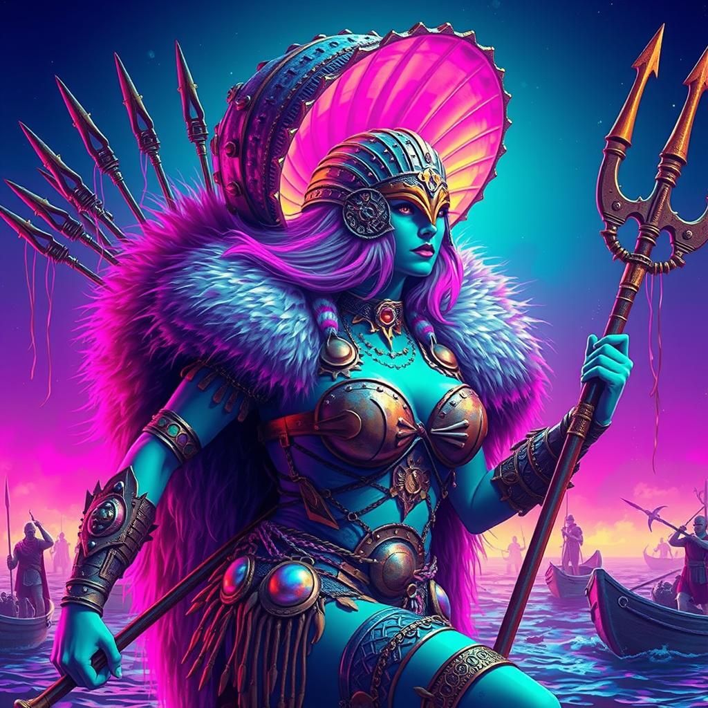 Futuristic Amazon Warrior Leading Fish Army