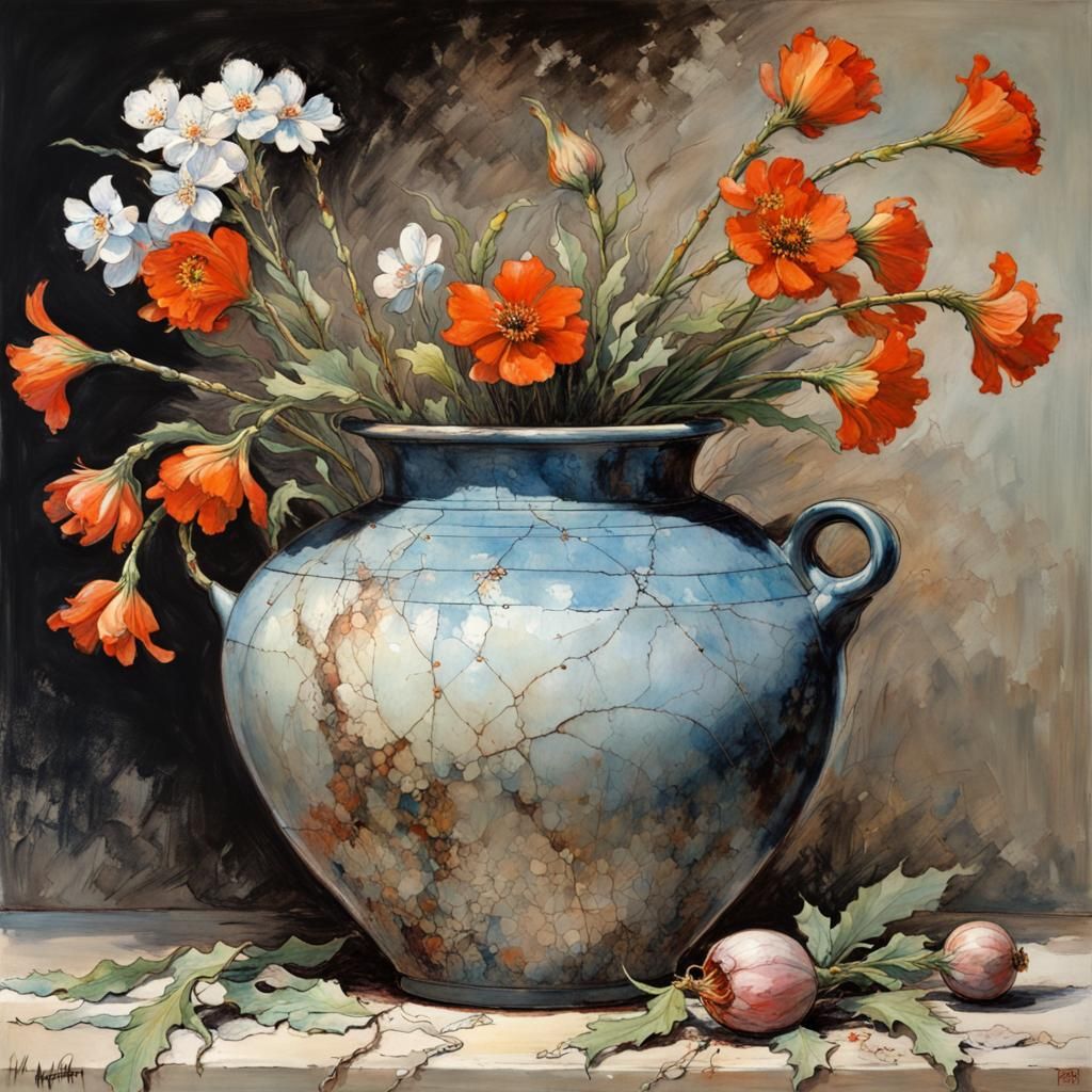 Cracked Korean Pottery with Spring Flowers