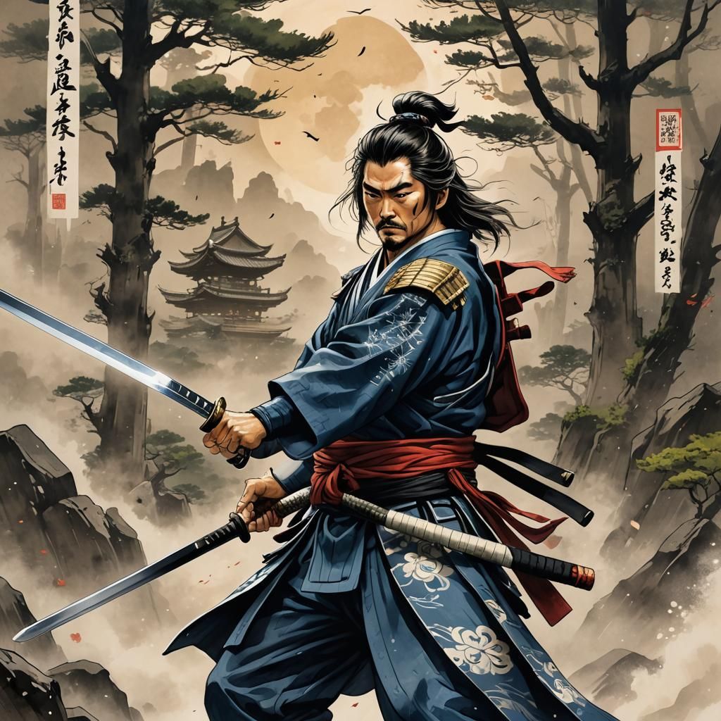 Futuristic Samurai with Katana in Anime Style