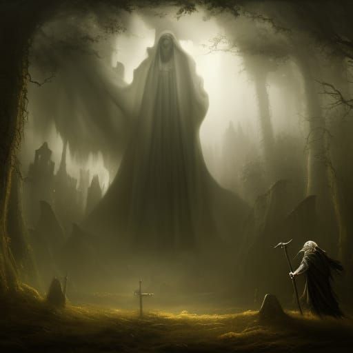 Yorick Mori in Foggy Graveyard: Detailed Matte Painting