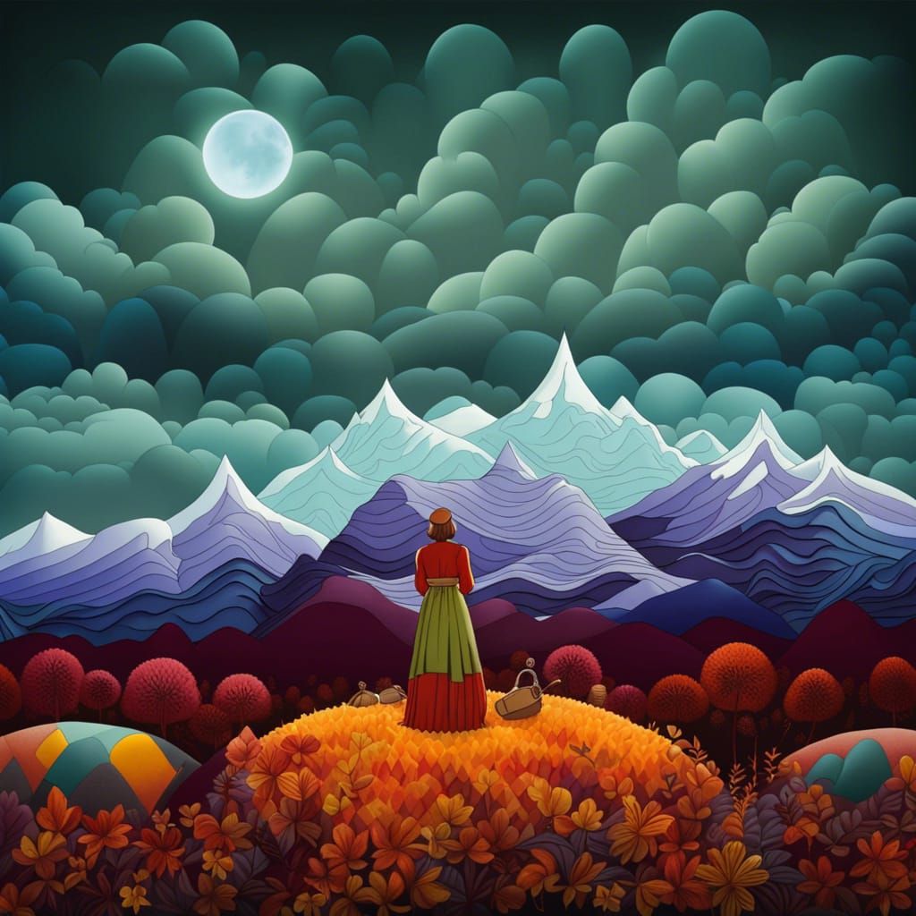 Quilted Fantasy Landscape with Witch, in Fabric Craft Style