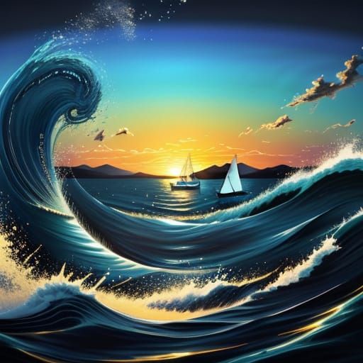 Expressionist Sailing Boats on Lake with Moonlit Sky