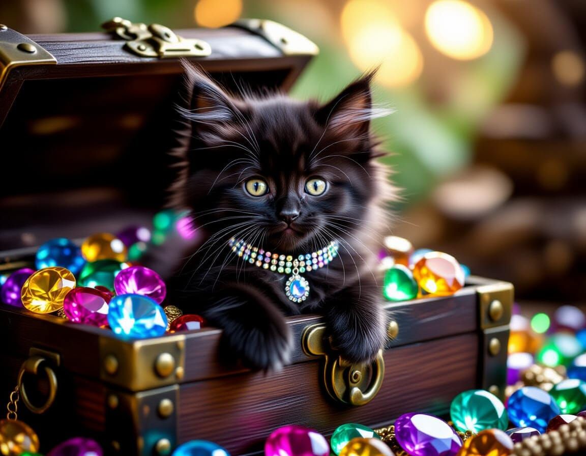 Fluffy Black Kitten Peeks From Gemstone Treasure Chest