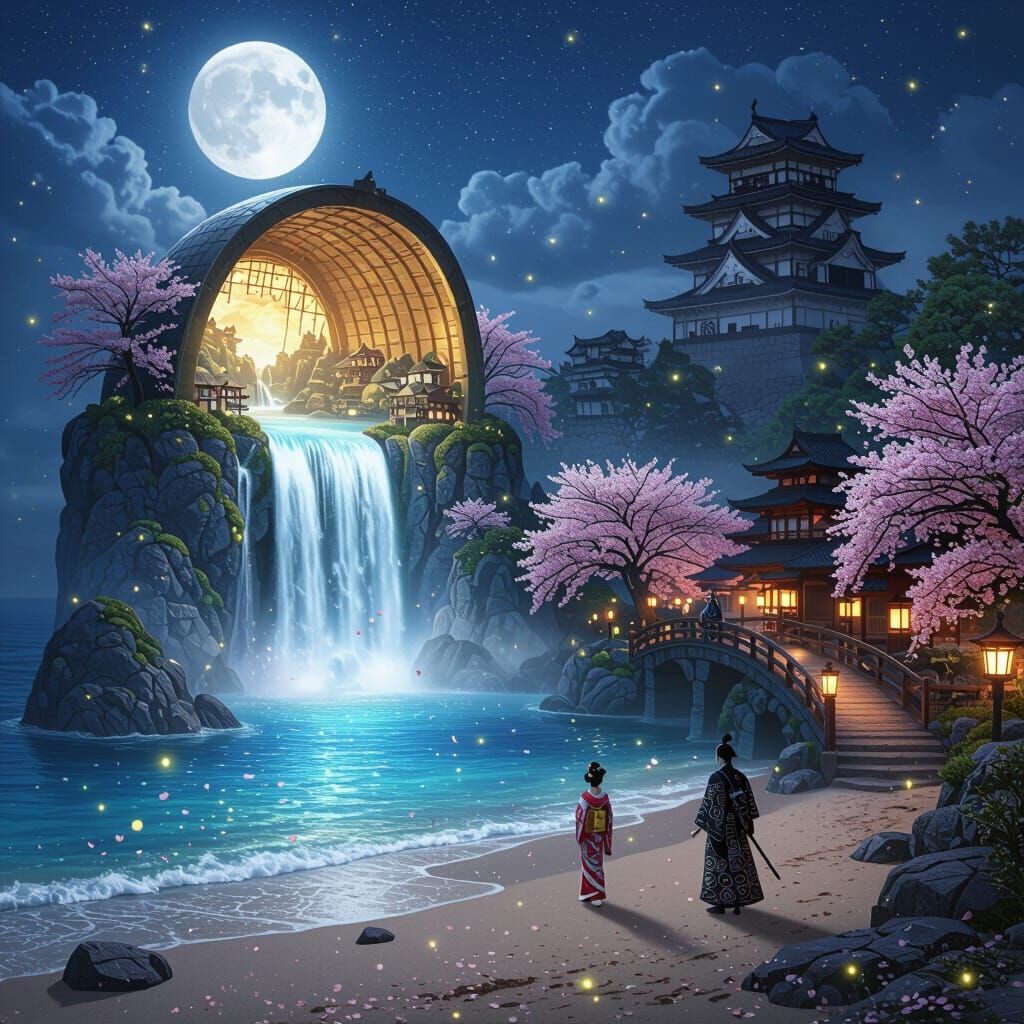 Magical Miniature World Inside Giant Seashell on Moonlit Bea...