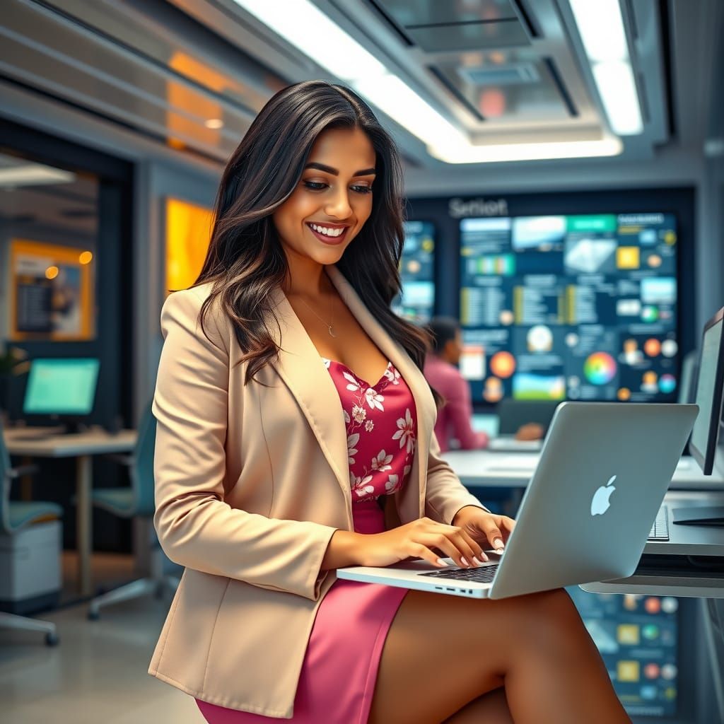 Indian Woman Working in Futuristic IT Office