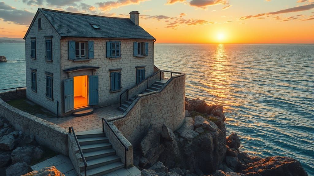 Coastal Stone House at Sunset in Pointillist Style