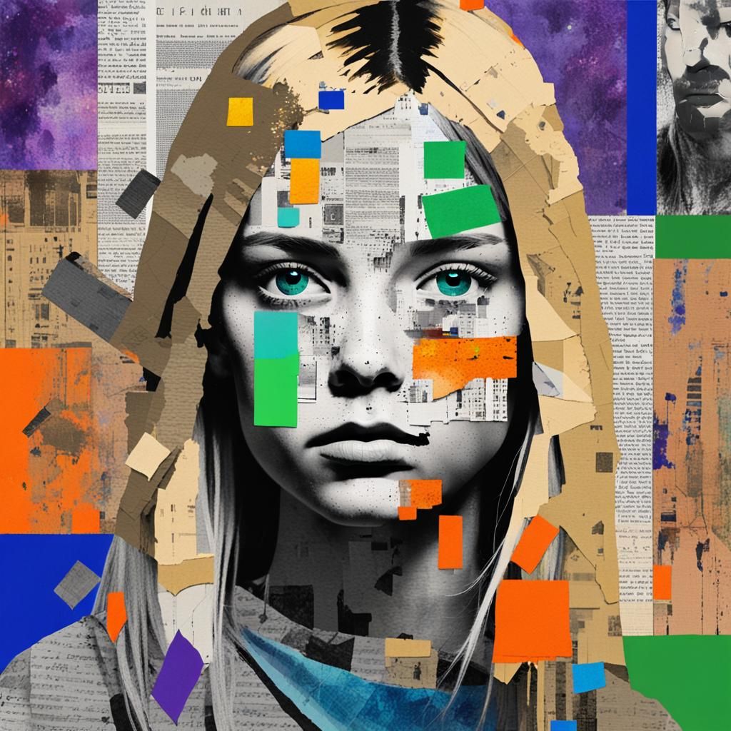 Abstract Portrait with Newspaper Collage in Mixed Media Styl...