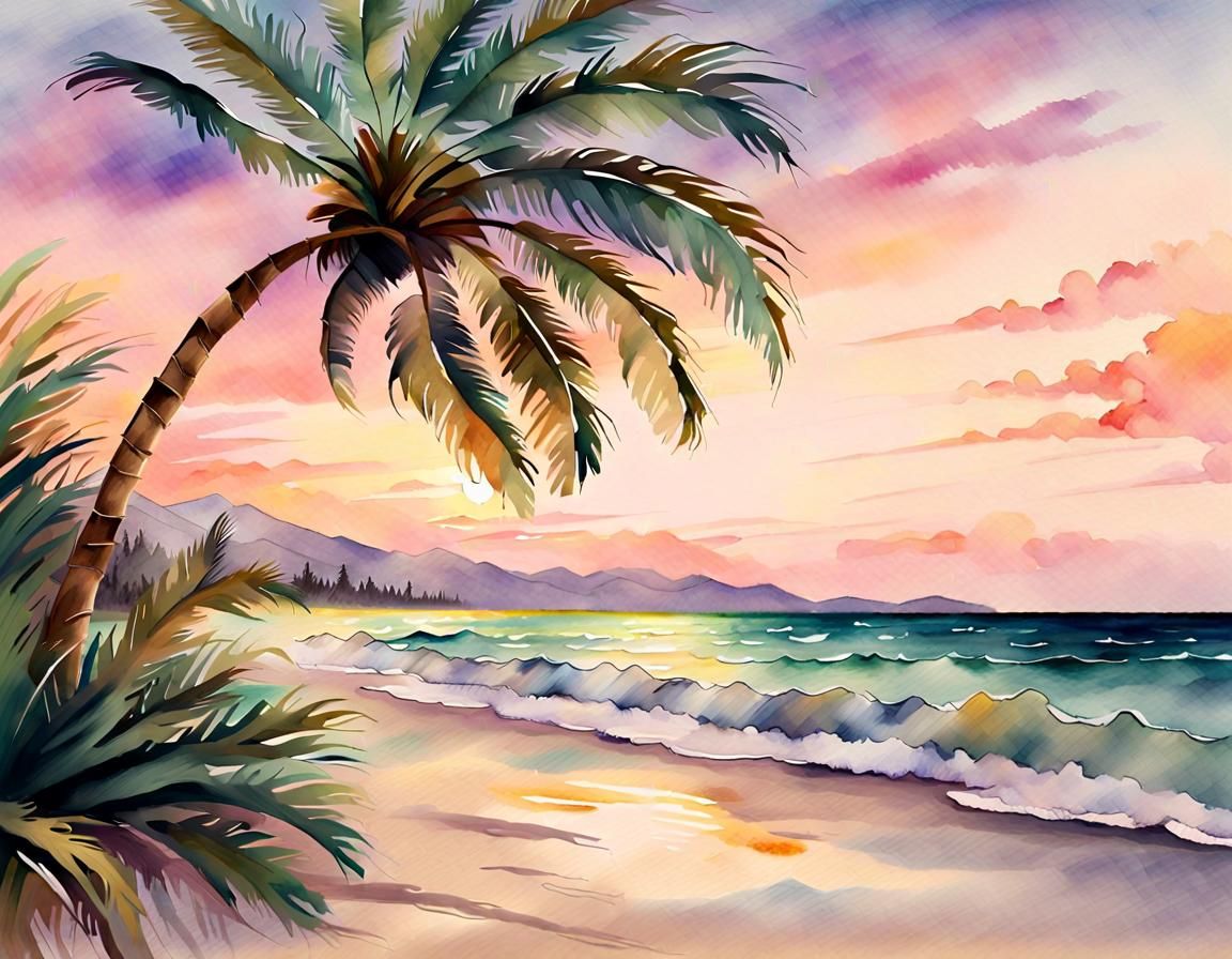 Palm Tree Swaying: Watercolor Impressionist Beach Scene