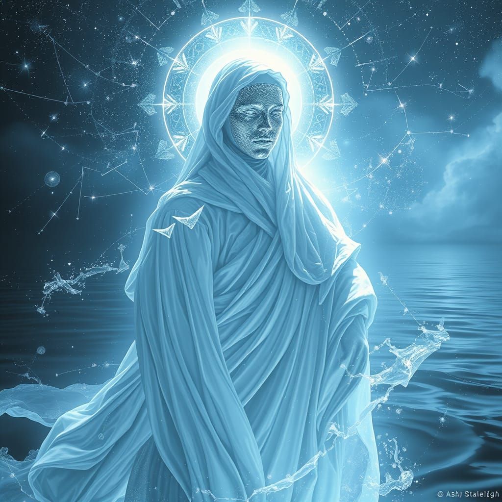 Cosmic Silver Figure Reflecting the Universe