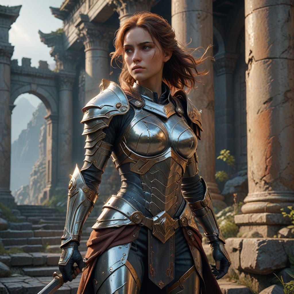 Elegant Warrior in Metallic Armor, Set Against Ancient Fanta...