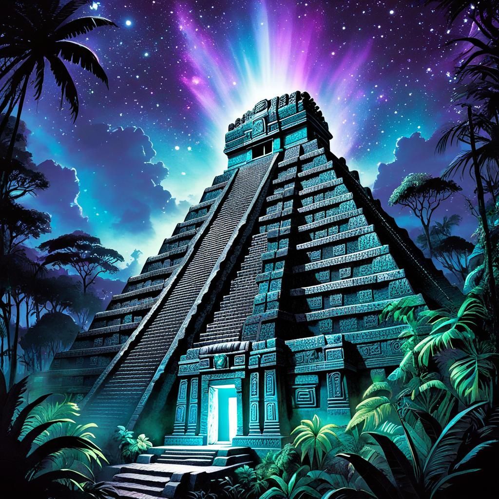 Ornate Mayan Temple Under a Sparkling Night Sky