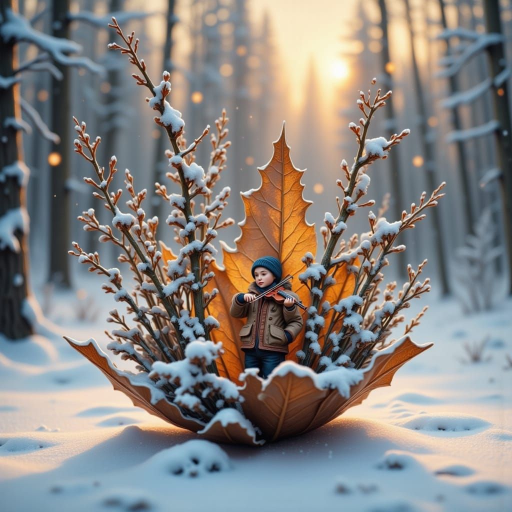 Boy Playing Violin in Miniature Winter World on Autumn Leaf