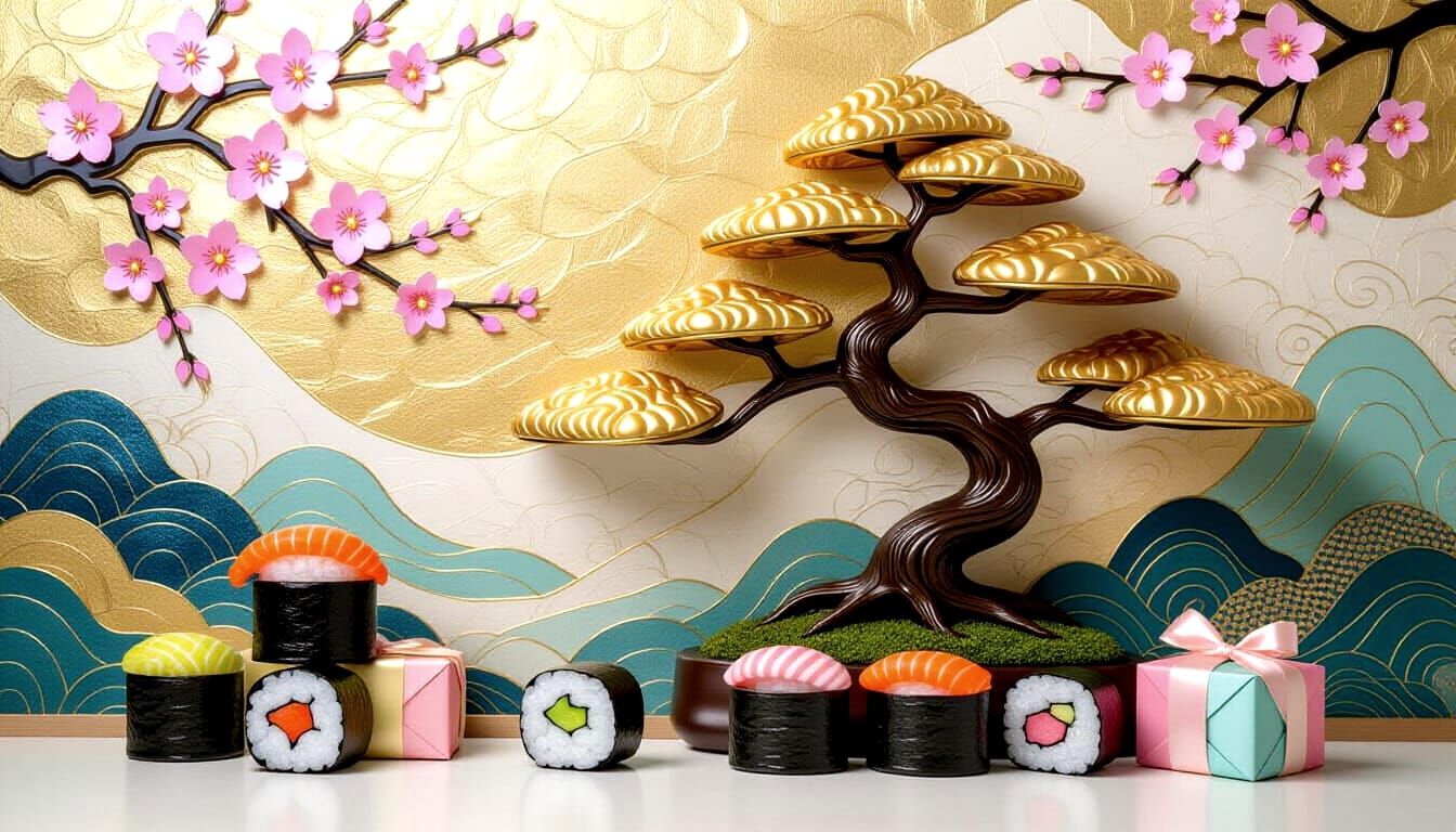Elegant Sushi Rolls Wrapped in Pastel Paper on Gold Bonsai T...