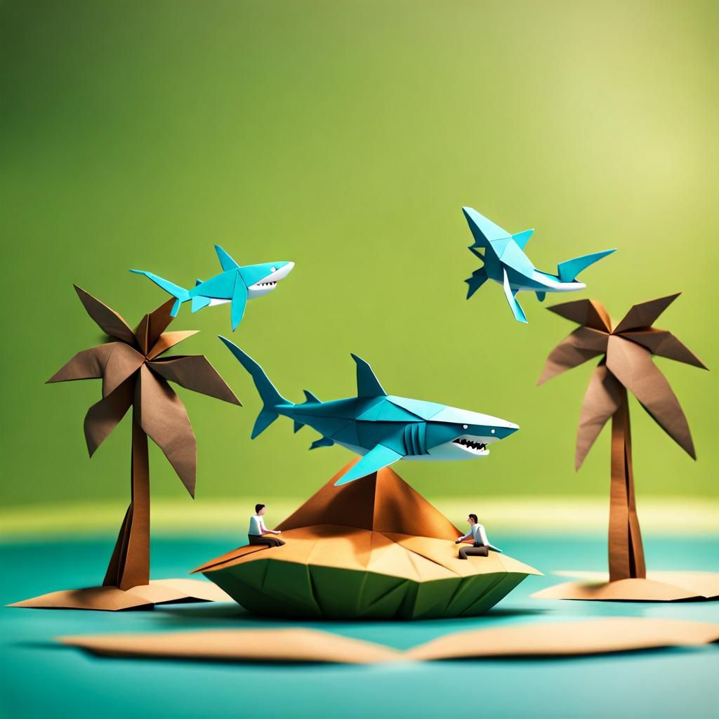 Origami Sharks Circle Island with Palm Tree