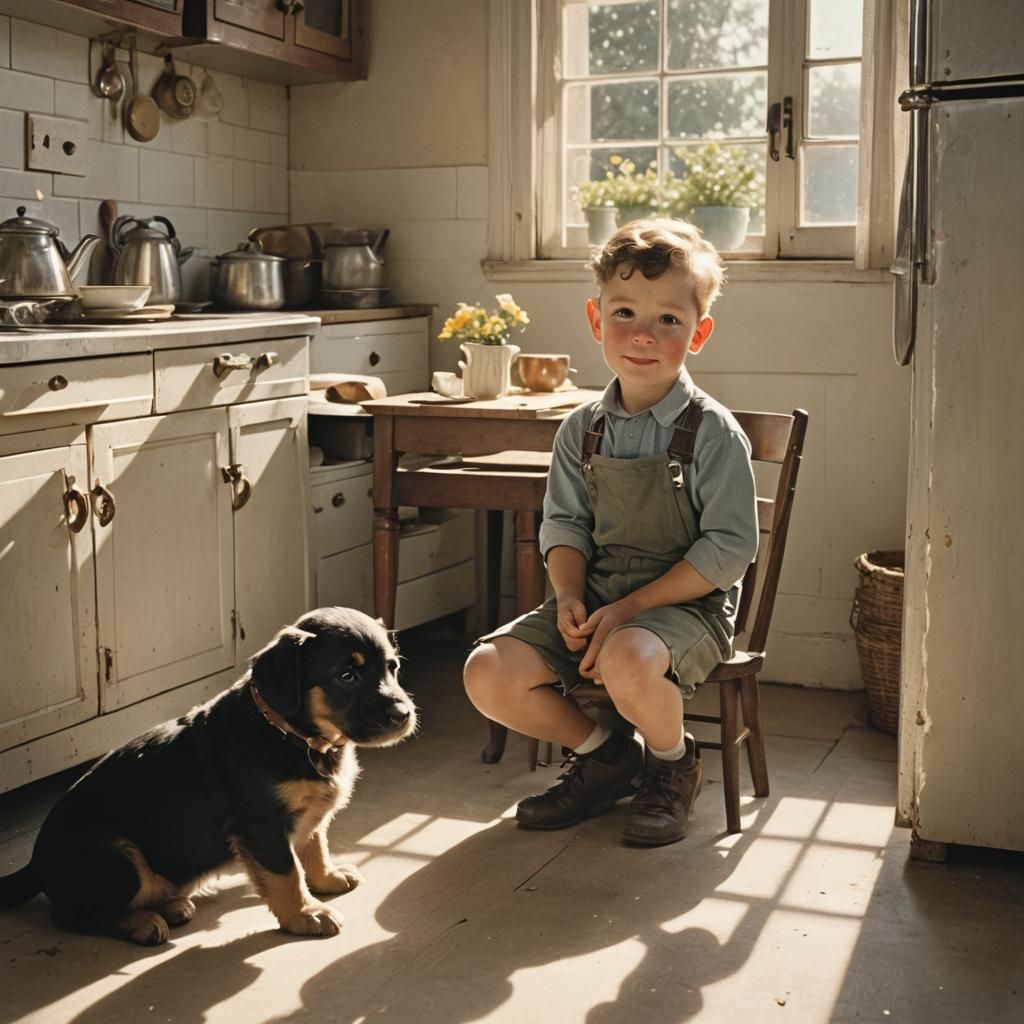 Nostalgic 1950s Boy and Puppy Under Kitchen Table
