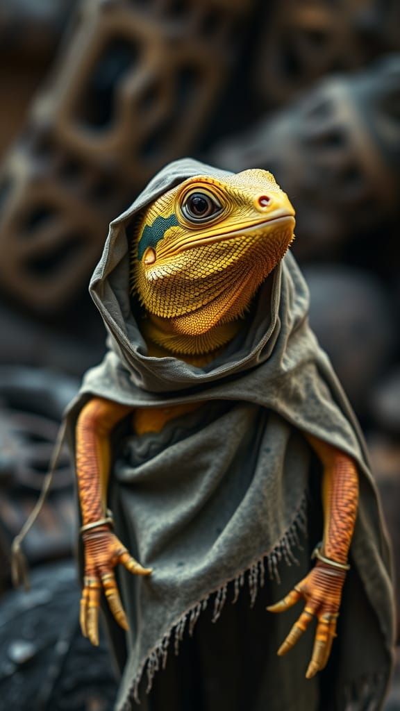 Iguana in Cultist Cloak: Cinematic Film Still