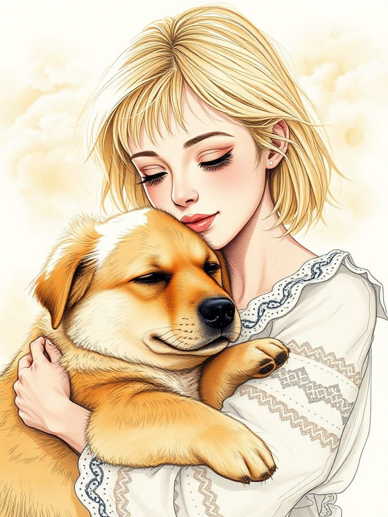 Dreamy Pen Sketch: Girl Embracing Golden Dog