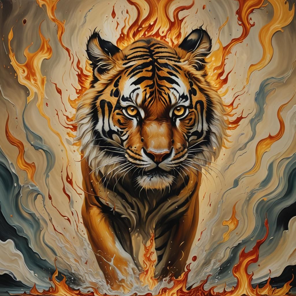 Surreal Tiger Emerges from Blazing Flames