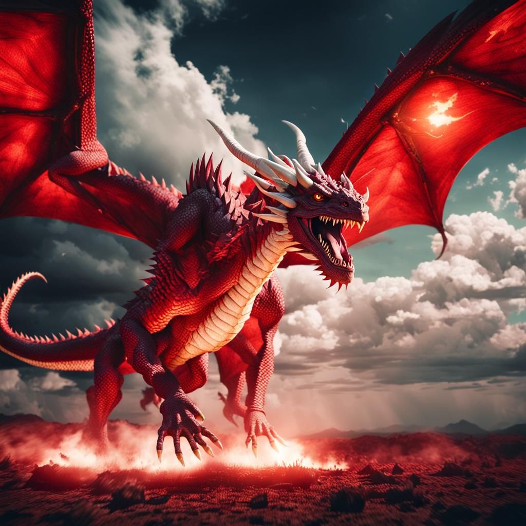 Epic Red and White Dragon in Thunderstorm