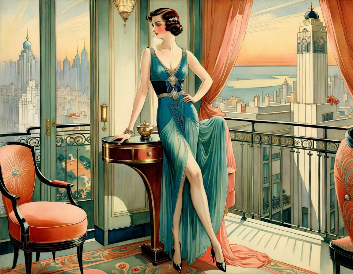 Two Women in Art Deco Apartment, Goble Style