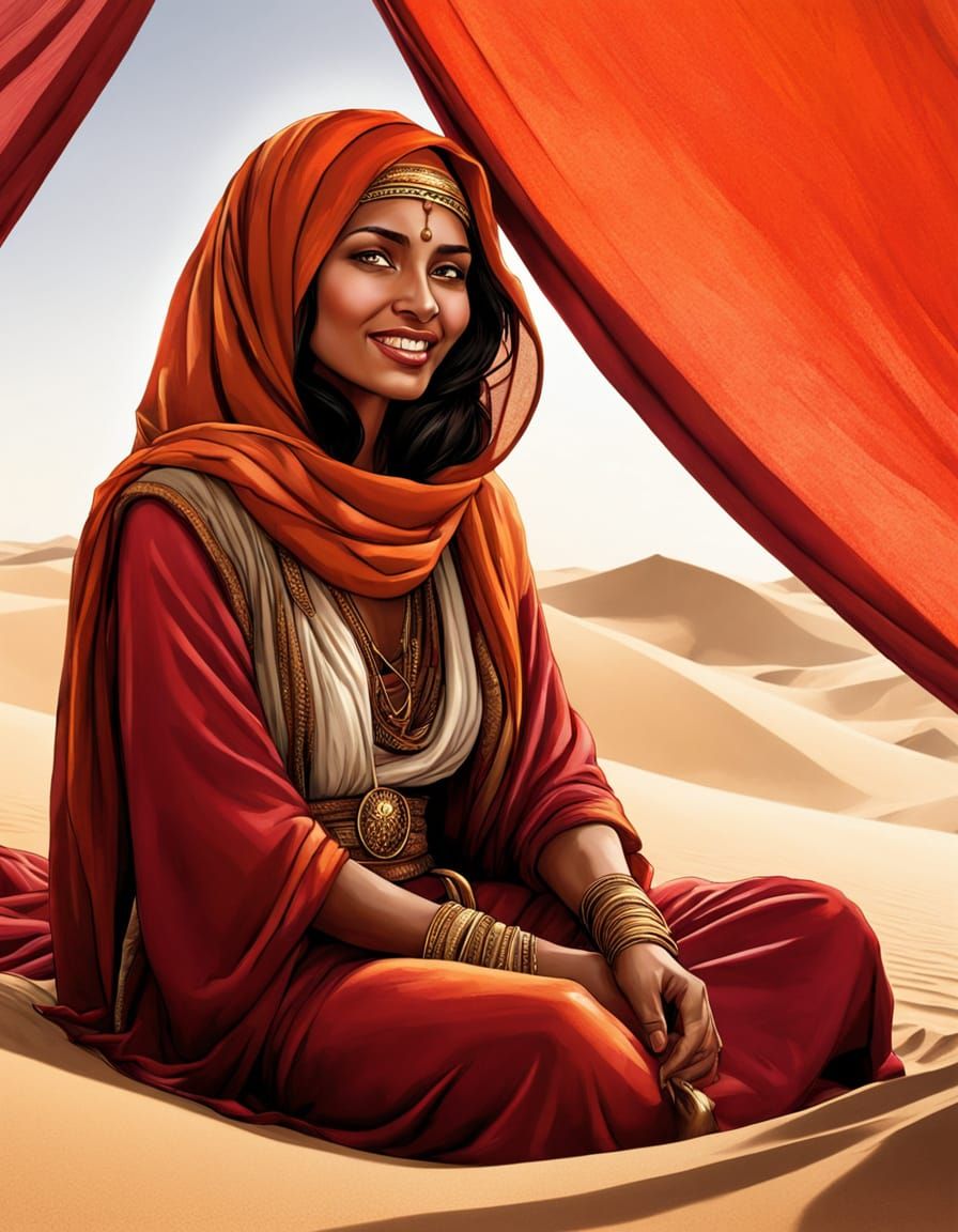 Tired Arabian Woman Amidst Desert Landscape in Comic Art Sty...