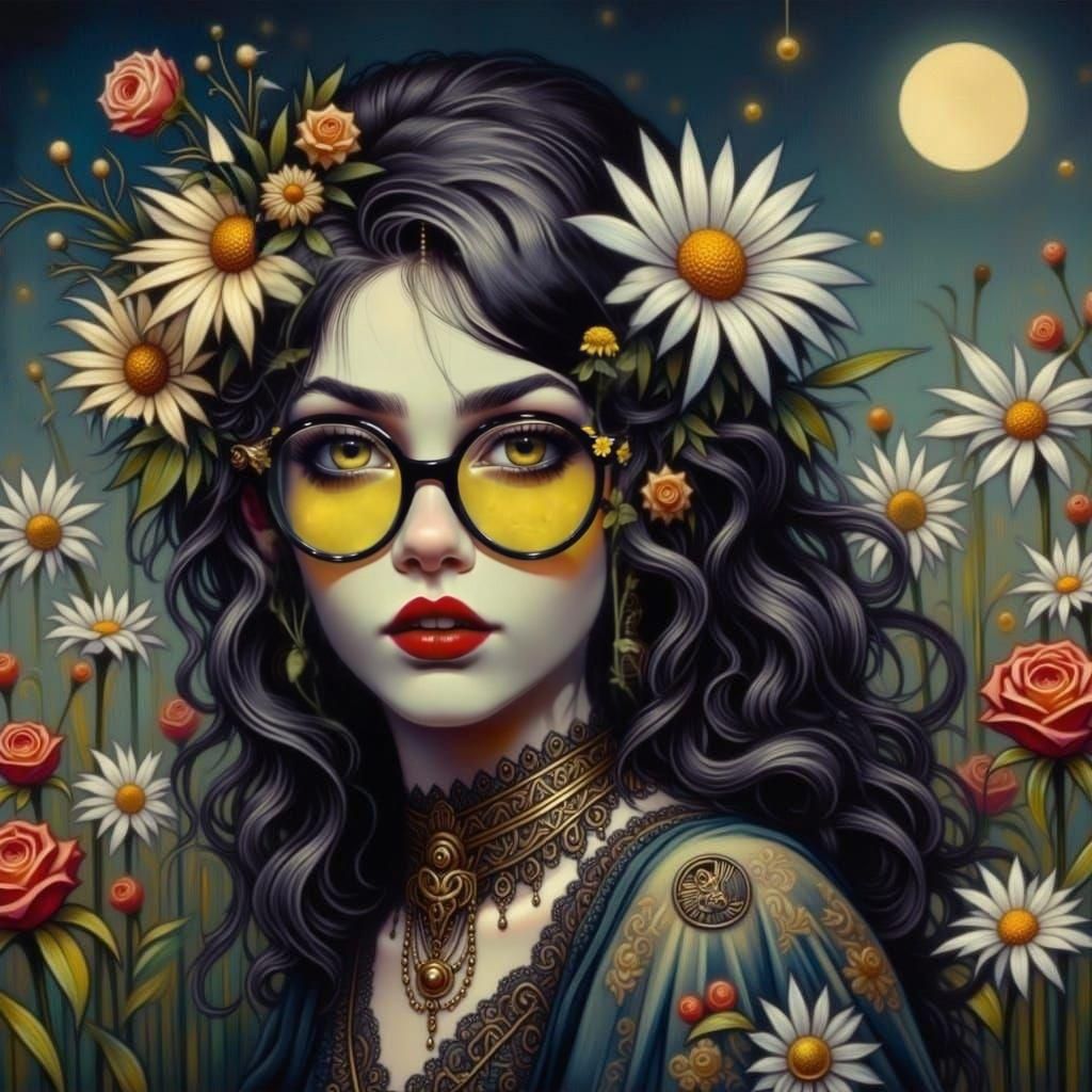 Romantic Goth Girl with Daisies and Full Moon