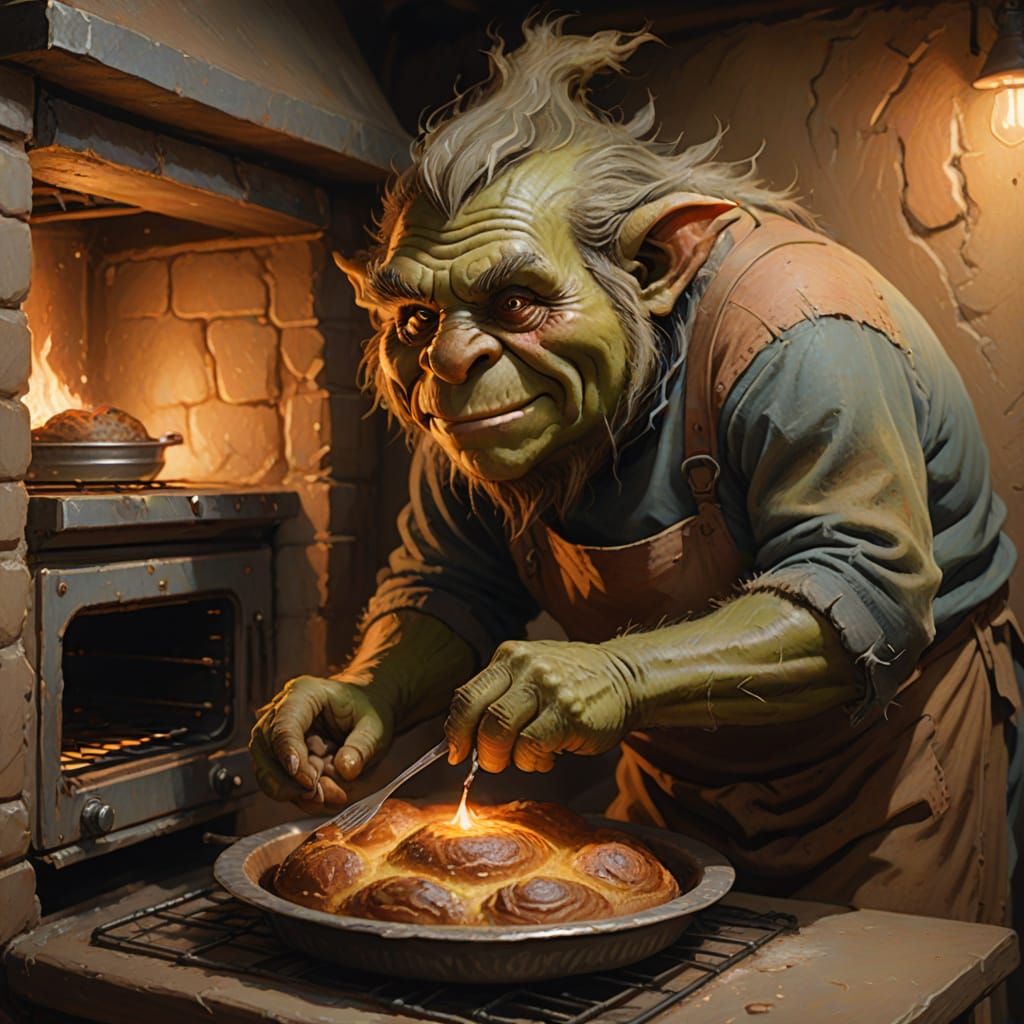 Realistic Oil Painting of a Troll Checking Oven
