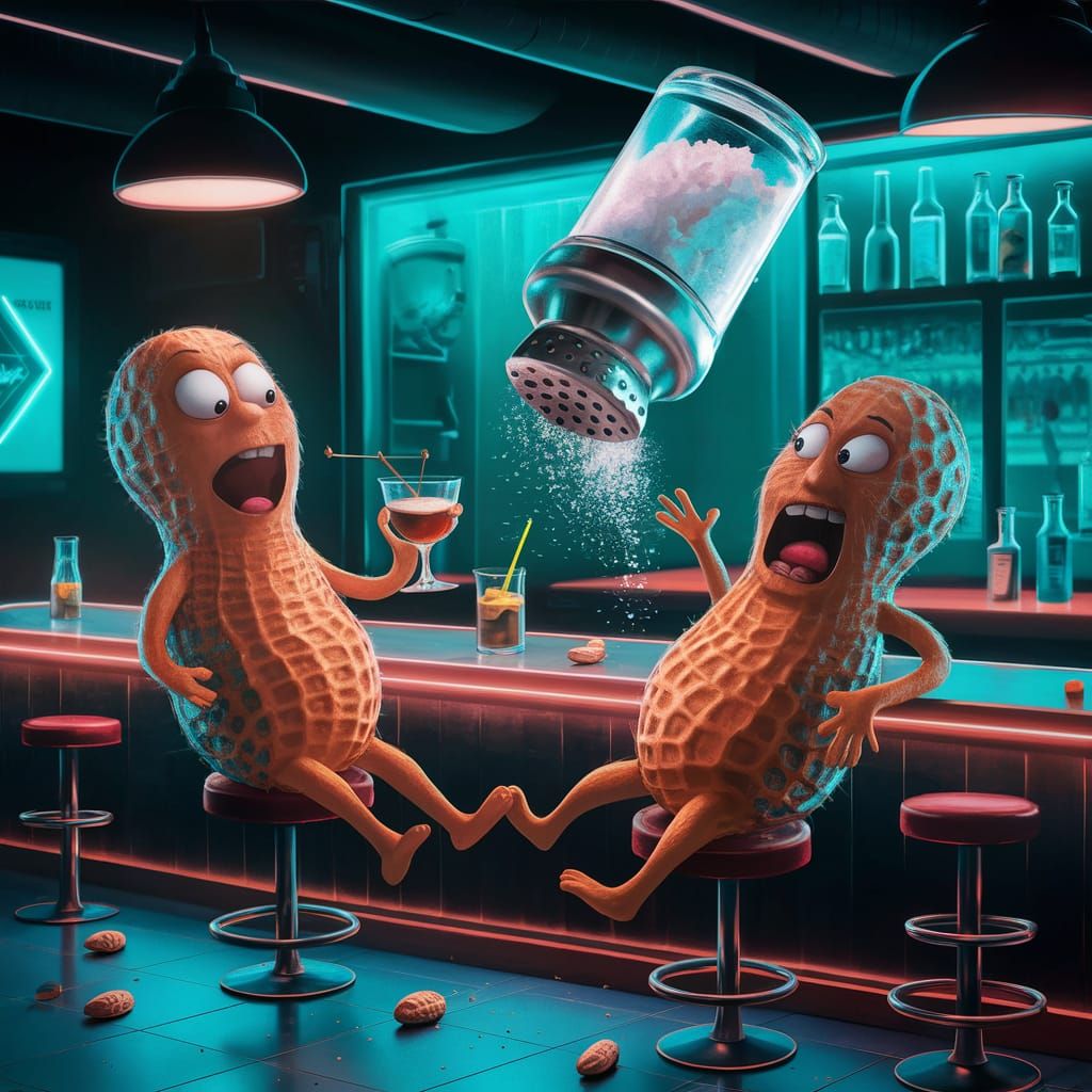 Anthropomorphic Peanuts in a Lively Bar Scene