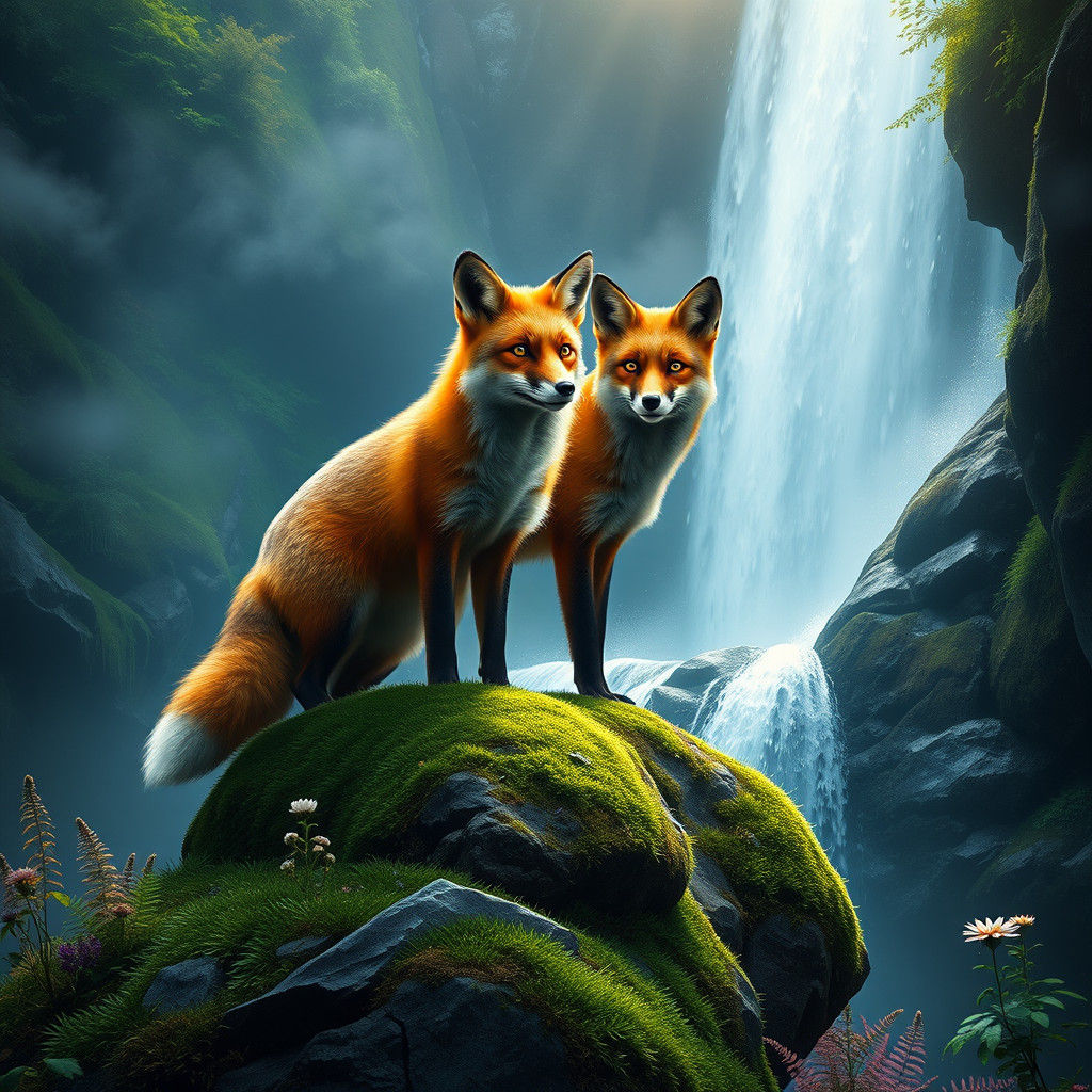 Foxes with Golden Eyes at Waterfall, Matte Painting Style