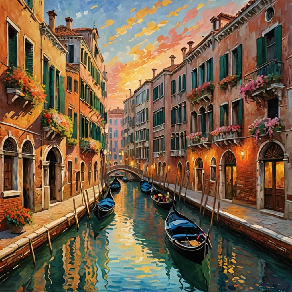 Venetian Canal at Sunset: Impressionist Painting