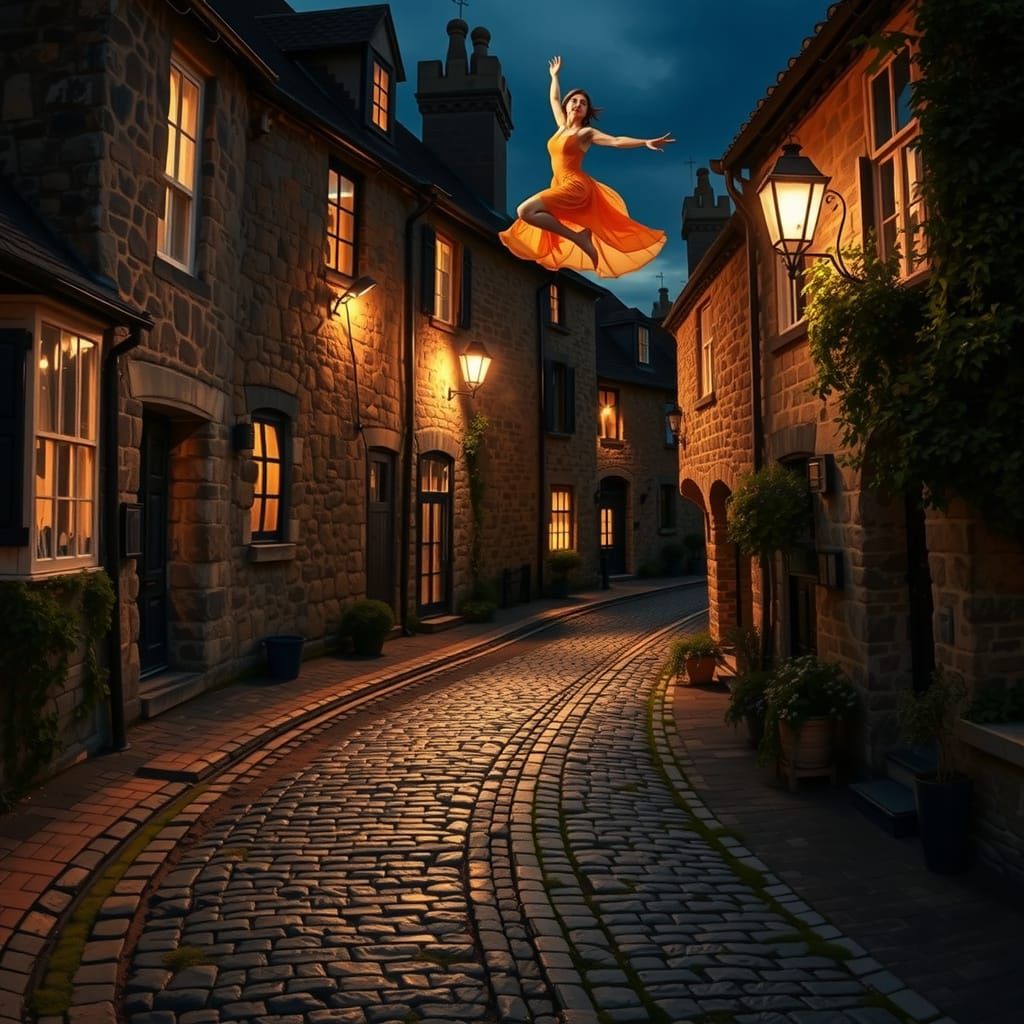 Woman in Orange Dress Flies Over Night Cobblestone Street