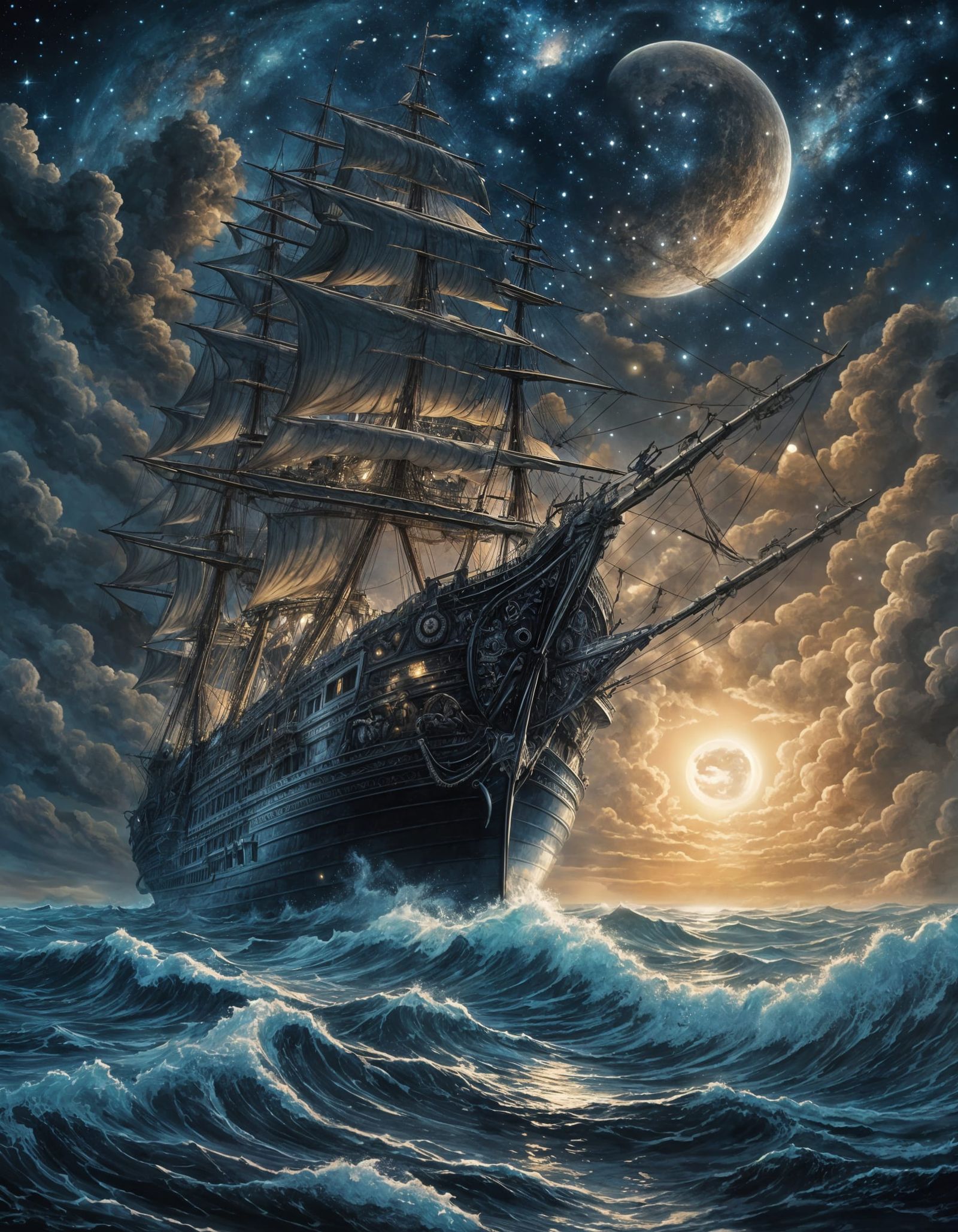 Grand Magical Galleon in Celestial Black-and-White Engraving...