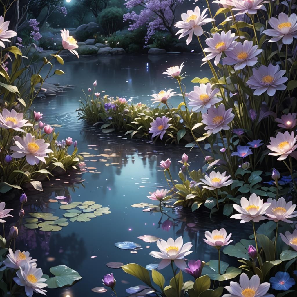 Mystical Garden with Singing Flowers in Moonlight