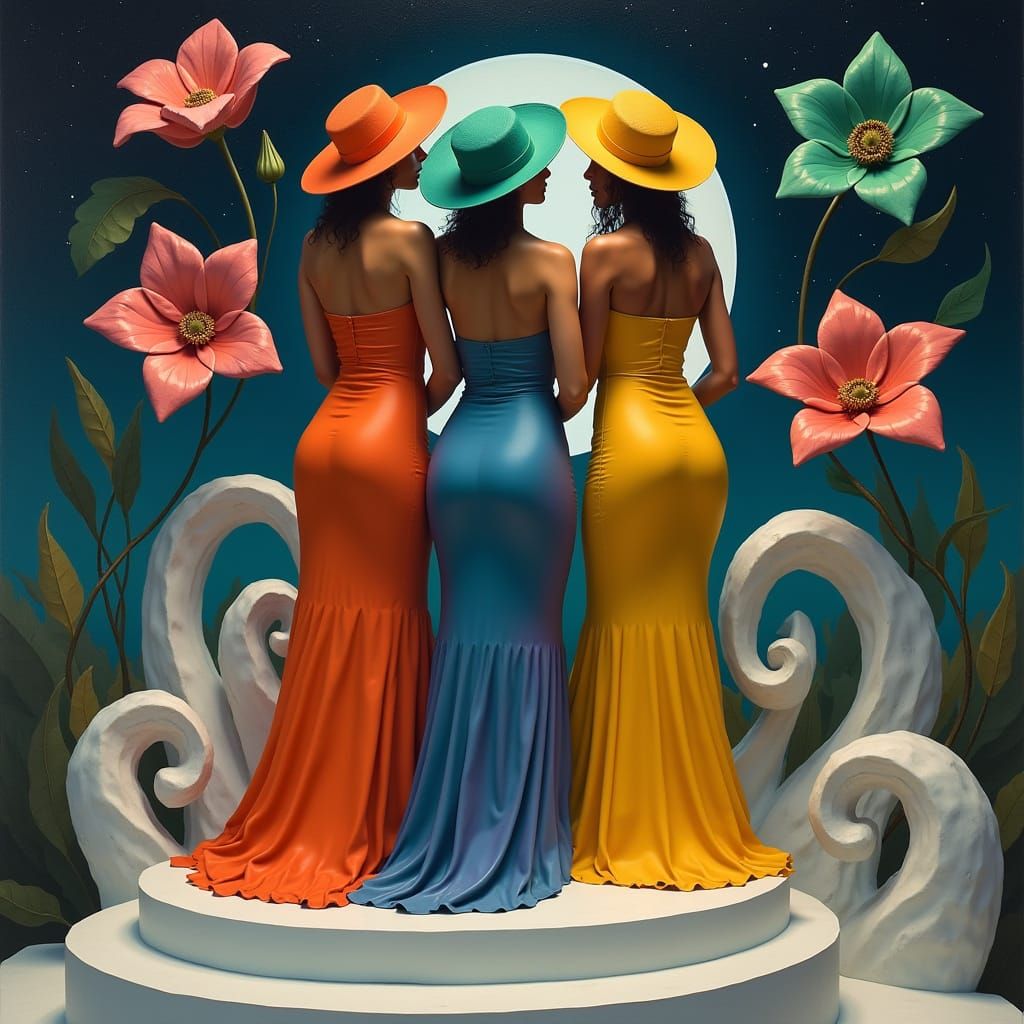 Women in Gradient Dresses Pose on a Spiral Pedestal under a ...
