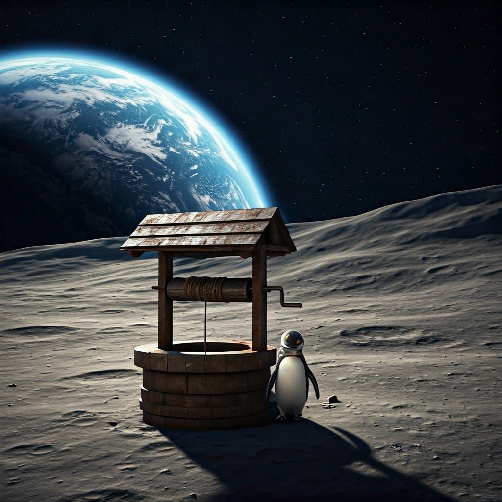 Penguin Astronaut on Lunar Surface with Well