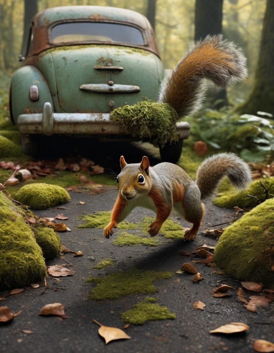Squirrel's Leaping Surprise: A Realistic Wildlife Scene