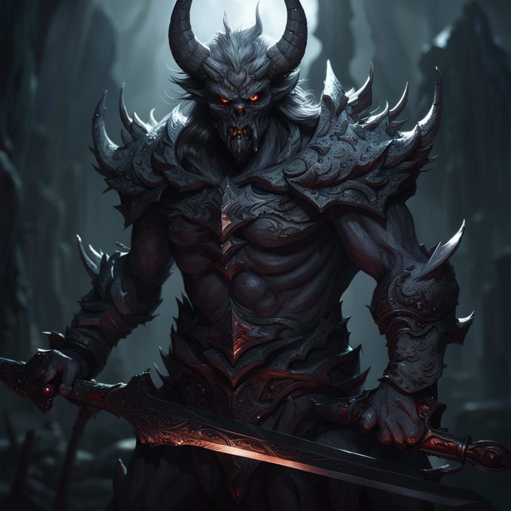 Gray Demon with Sword: Dark Fantasy Art